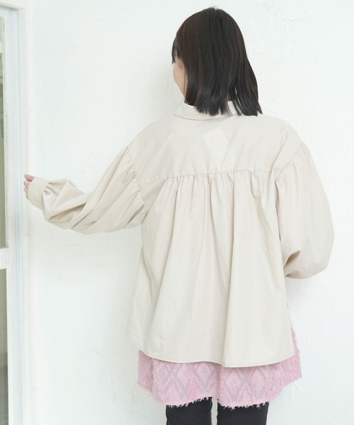 蝶花刺繍 レース切替シャツ-4