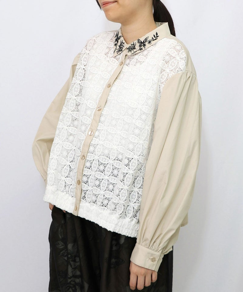 蝶花刺繍 レース切替シャツ-9