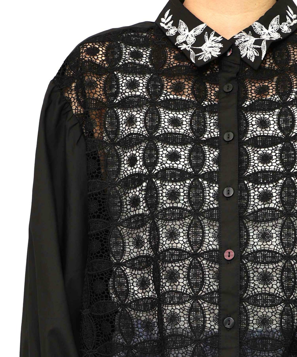 蝶花刺繍 レース切替シャツ-18