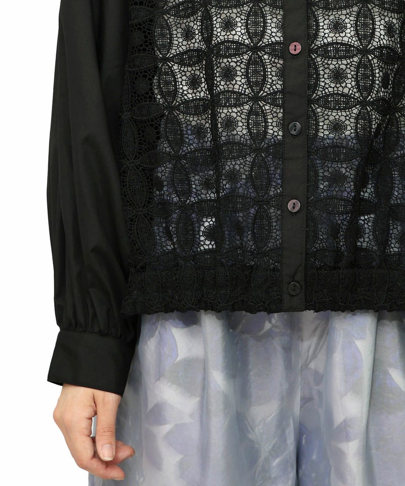 蝶花刺繍 レース切替シャツ-19