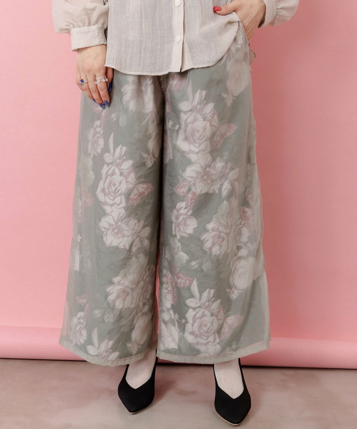 花柄ゴブラン織り風 シアー生地重ねパンツ-3