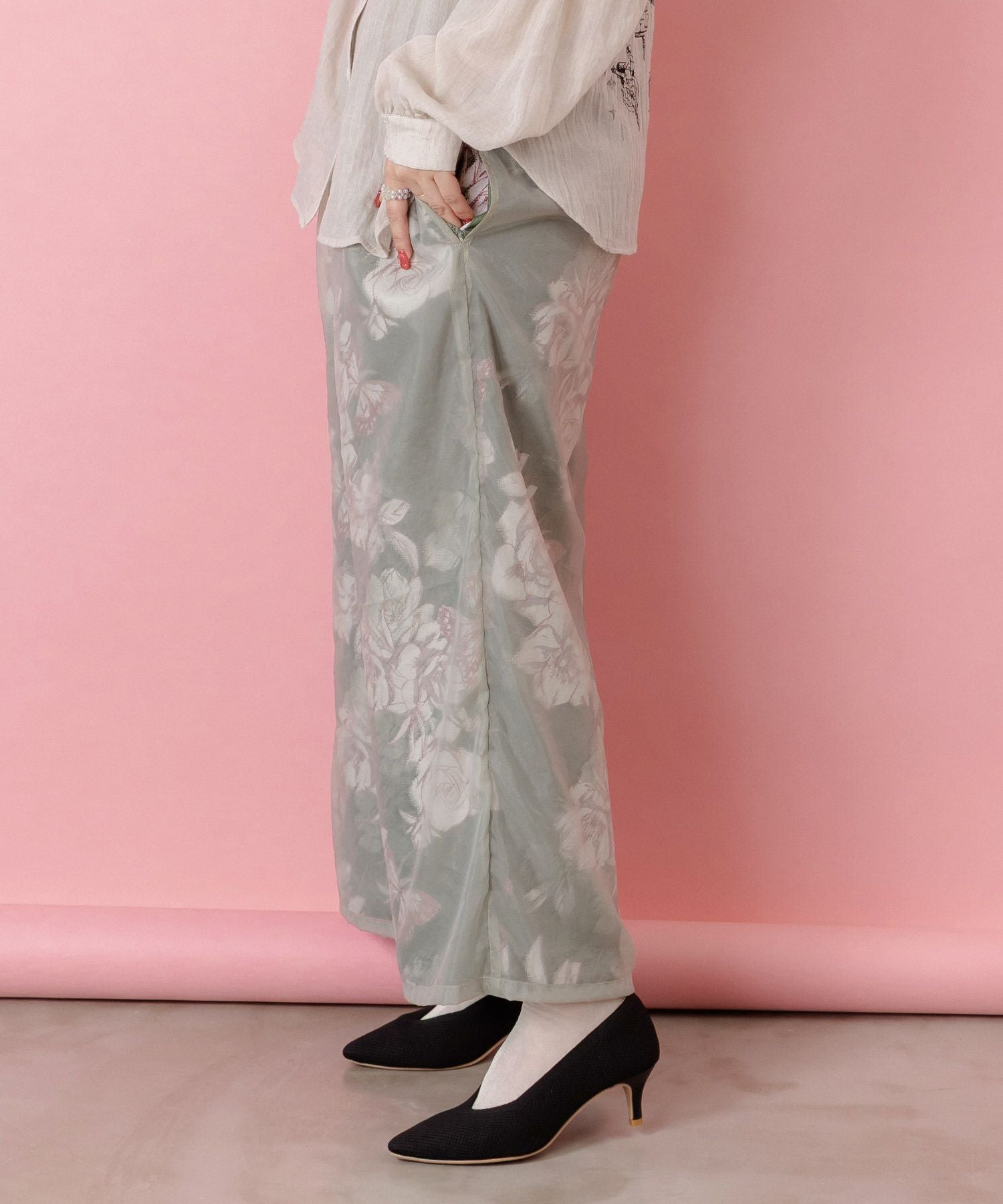 553209：花柄ゴブラン織り風 シアー生地重ねパンツの通販-ScoLar