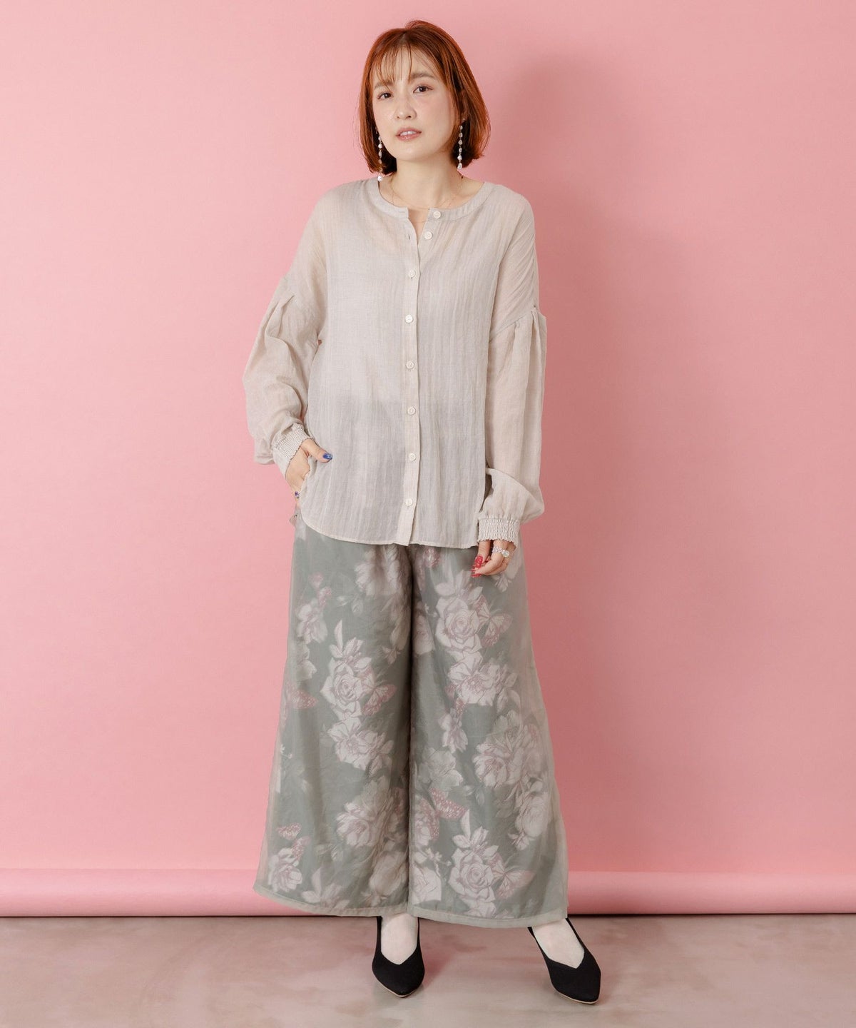 花柄ゴブラン織り風 シアー生地重ねパンツ-8