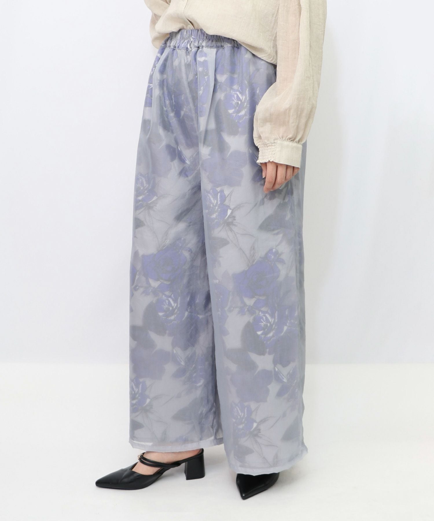 553209：花柄ゴブラン織り風 シアー生地重ねパンツの通販-ScoLar