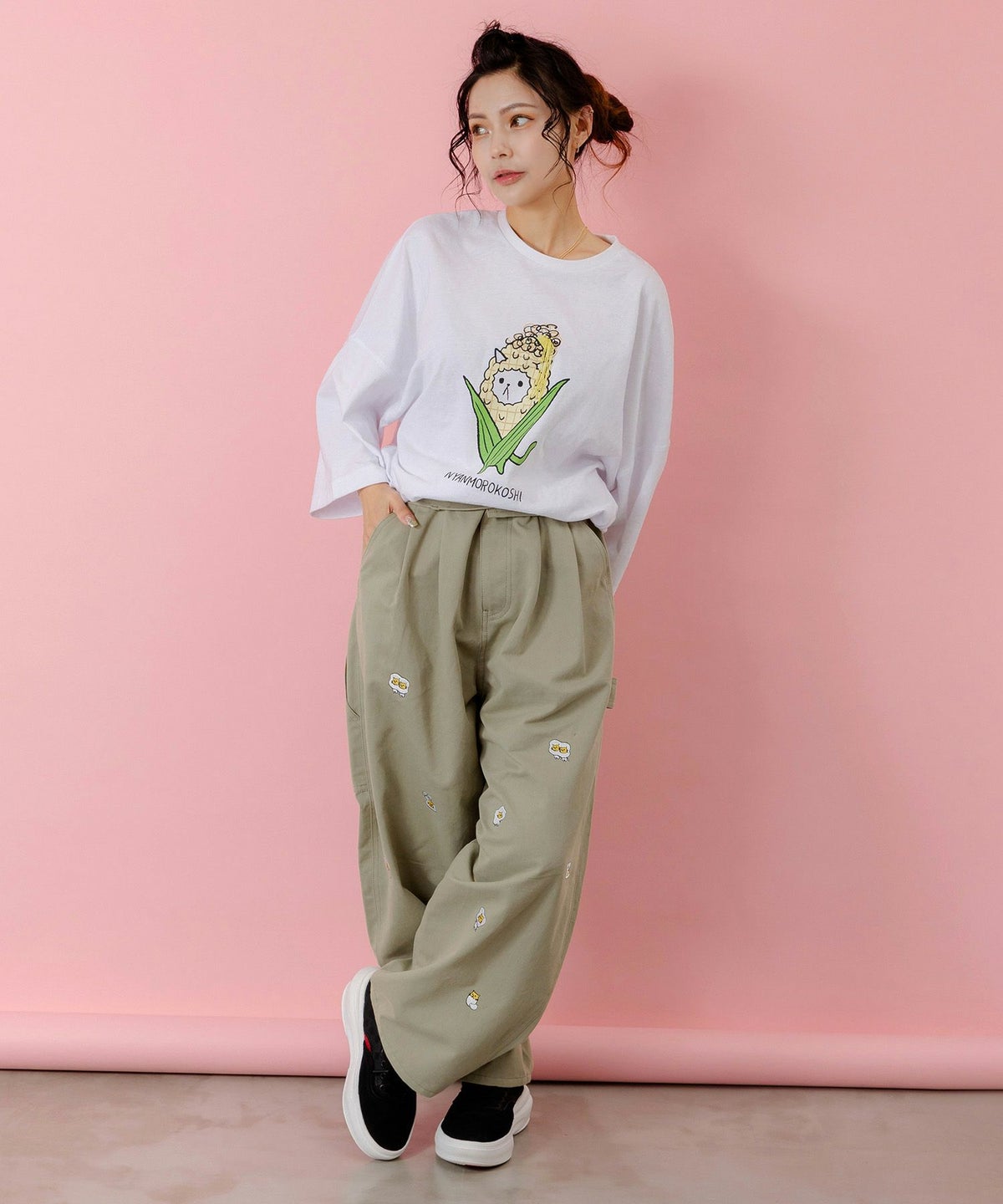 にゃんもろこしプリント 8分袖Tシャツ-2