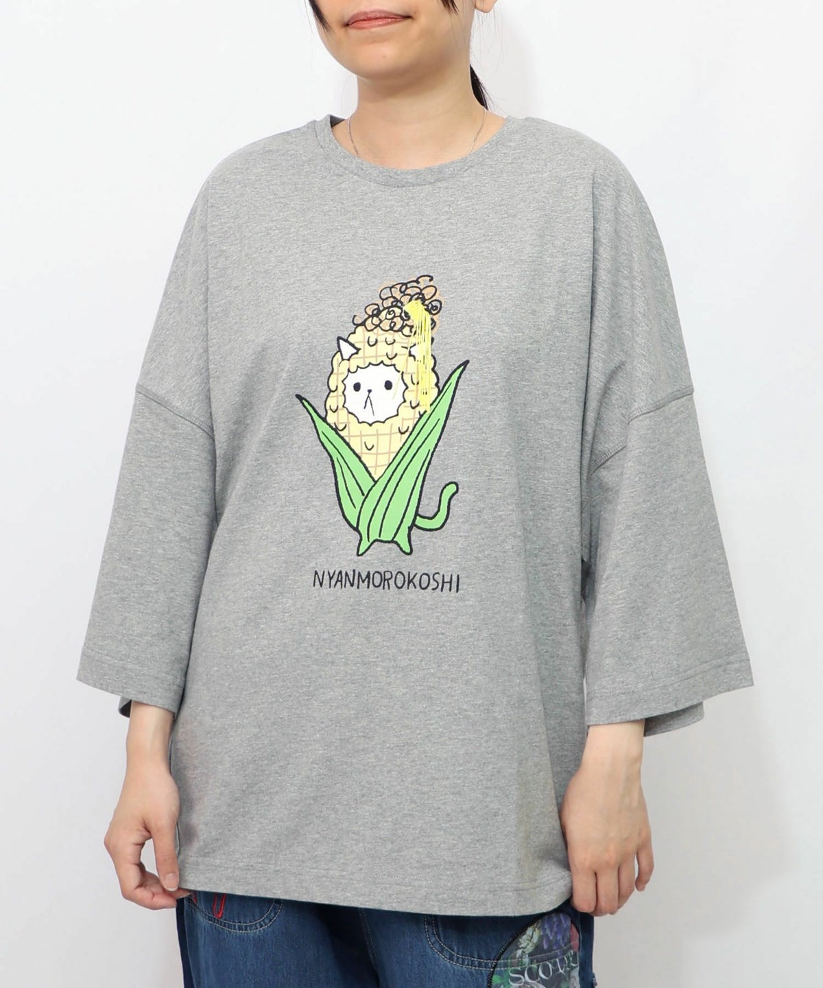 にゃんもろこしプリント 8分袖Tシャツ-12