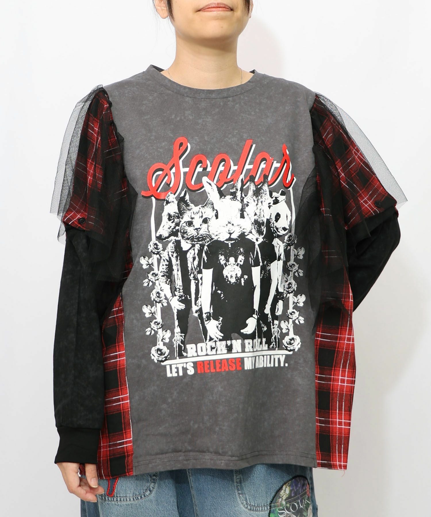 153633：ロックなアニマル柄 異素材切替2WAYロンTの通販-ScoLar