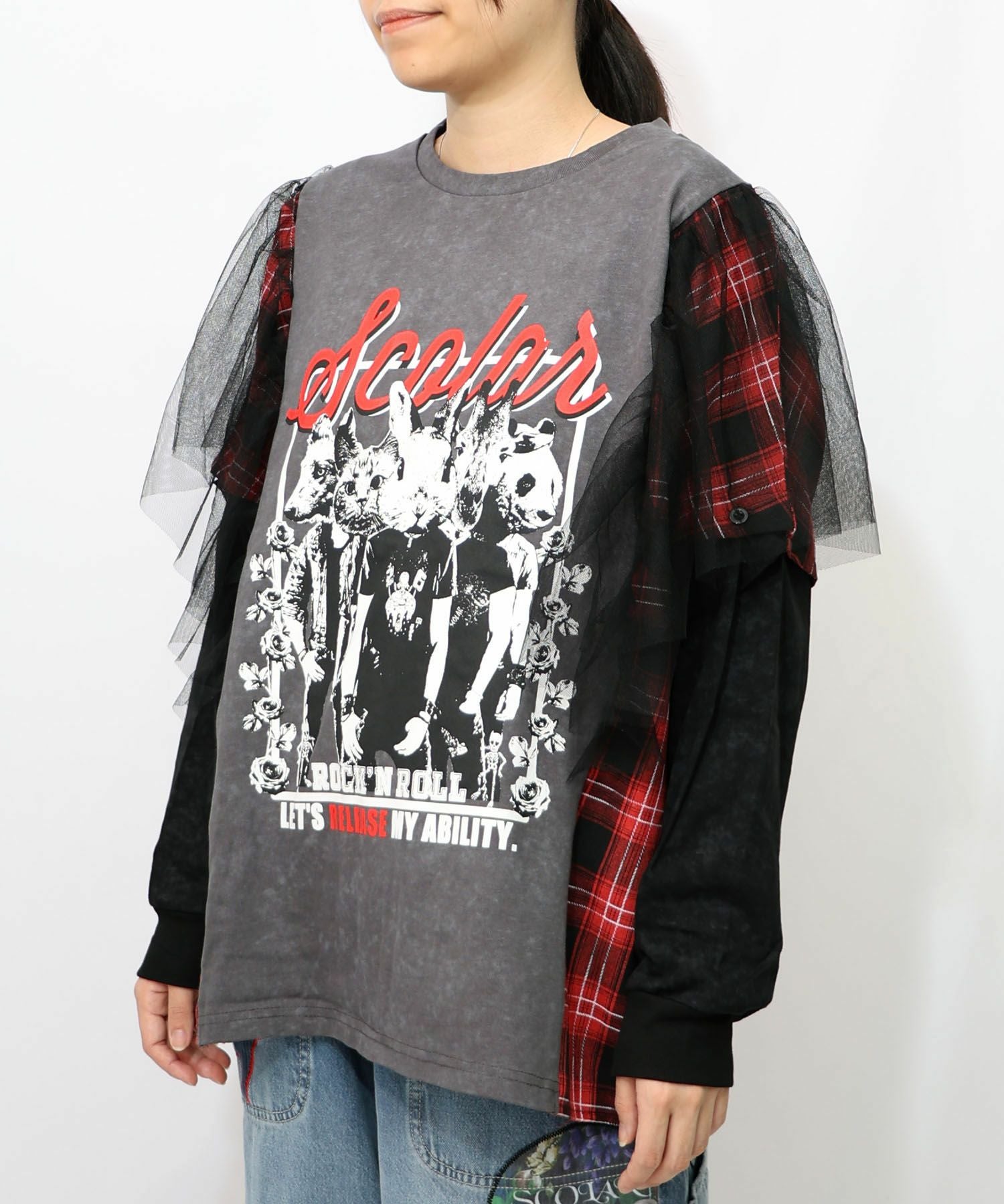 153633：ロックなアニマル柄 異素材切替2WAYロンTの通販-ScoLar