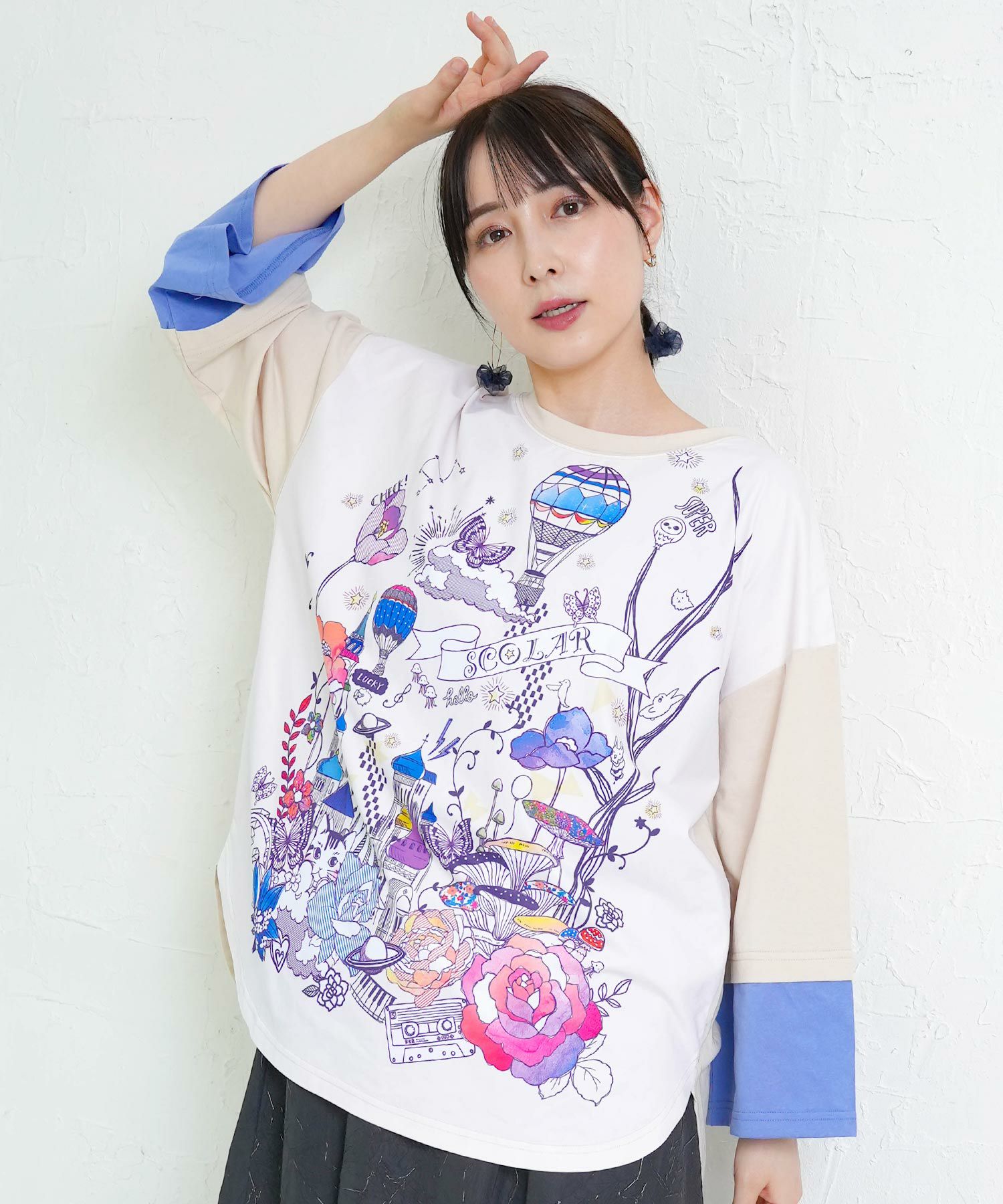 153628：メルヘンな街柄レイヤード風プルオーバーの通販-ScoLar