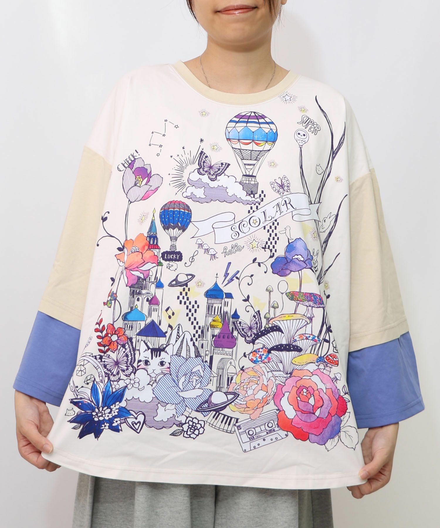 153628：メルヘンな街柄レイヤード風プルオーバーの通販-ScoLar