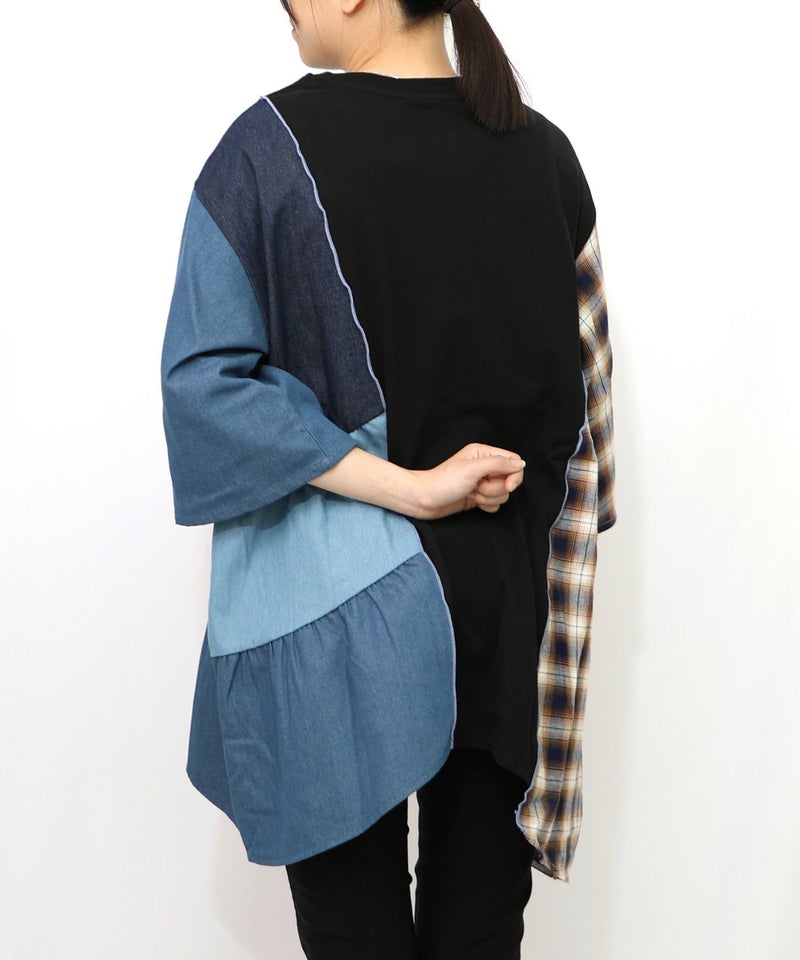 26周年スタート柄 チェック×デニム切替チュニック-17