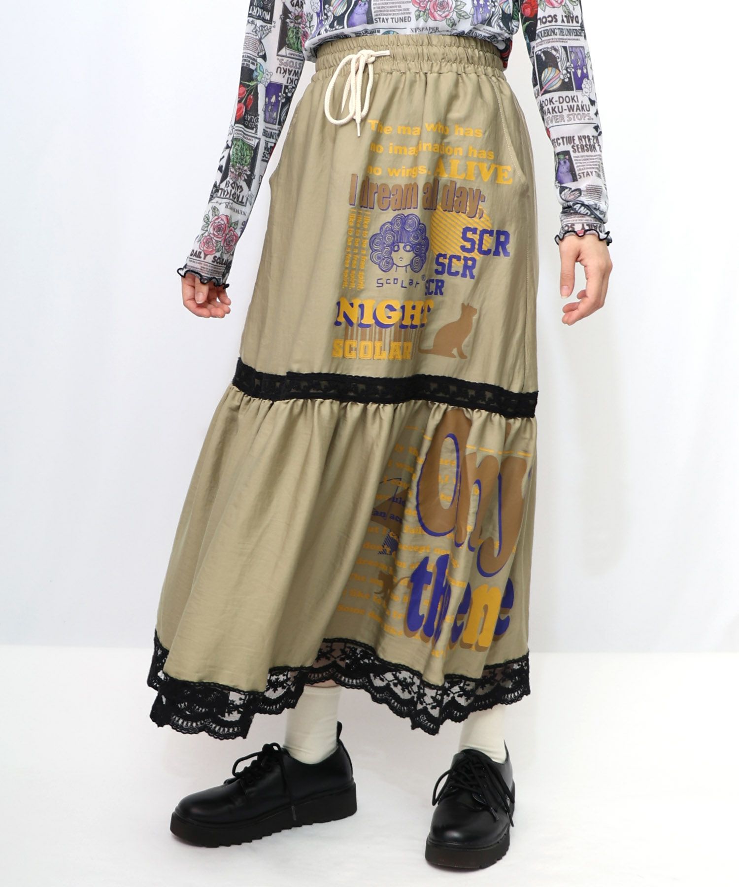 153608：スカラーグラフィック柄 レース×サテンスカートの通販-ScoLar