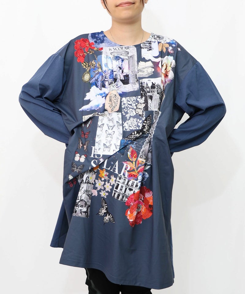 花蝶コラージュ柄ワンピース-15