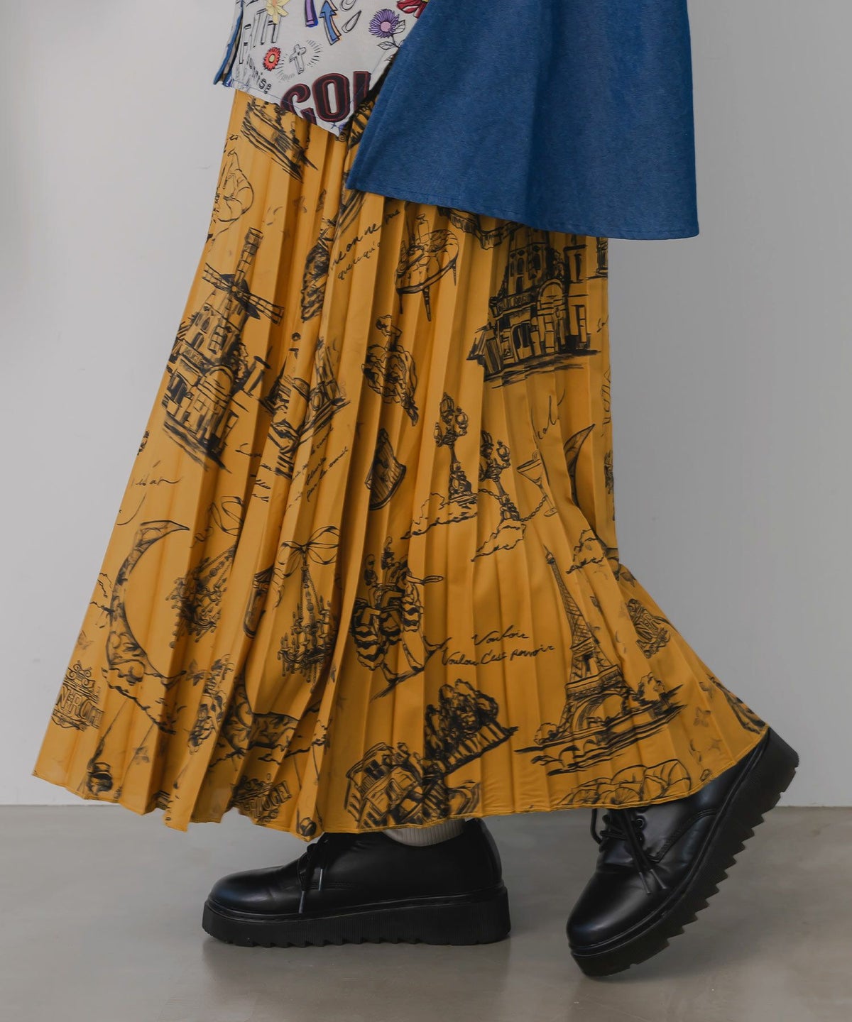 パリ・アート柄 リバーシブルプリーツスカート-3