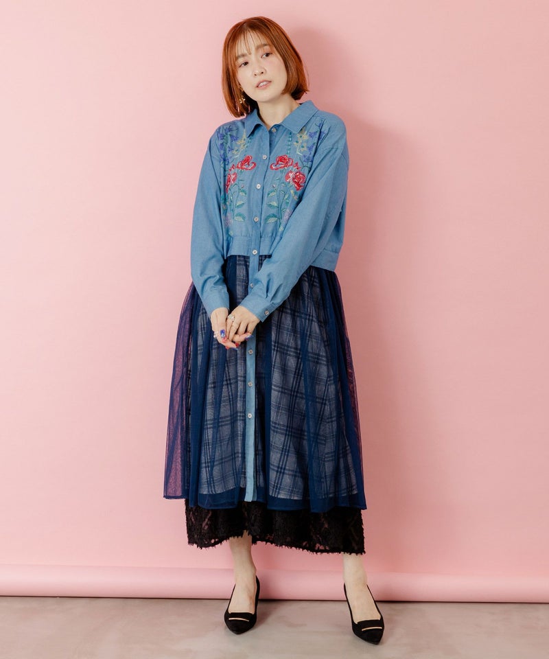 花蝶刺繍チュール重ね チェック柄デニムワンピース-2