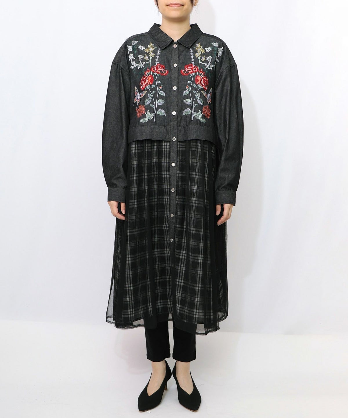 花蝶刺繍チュール重ね チェック柄デニムワンピース-8