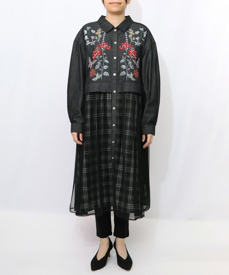 花蝶刺繍チュール重ね チェック柄デニムワンピース-8