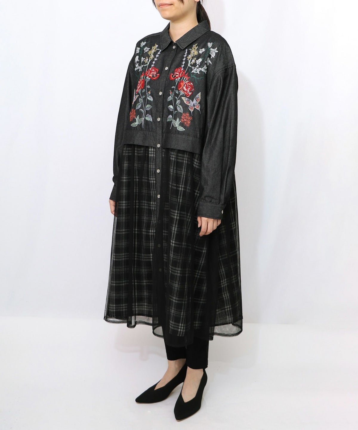 花蝶刺繍チュール重ね チェック柄デニムワンピース-9