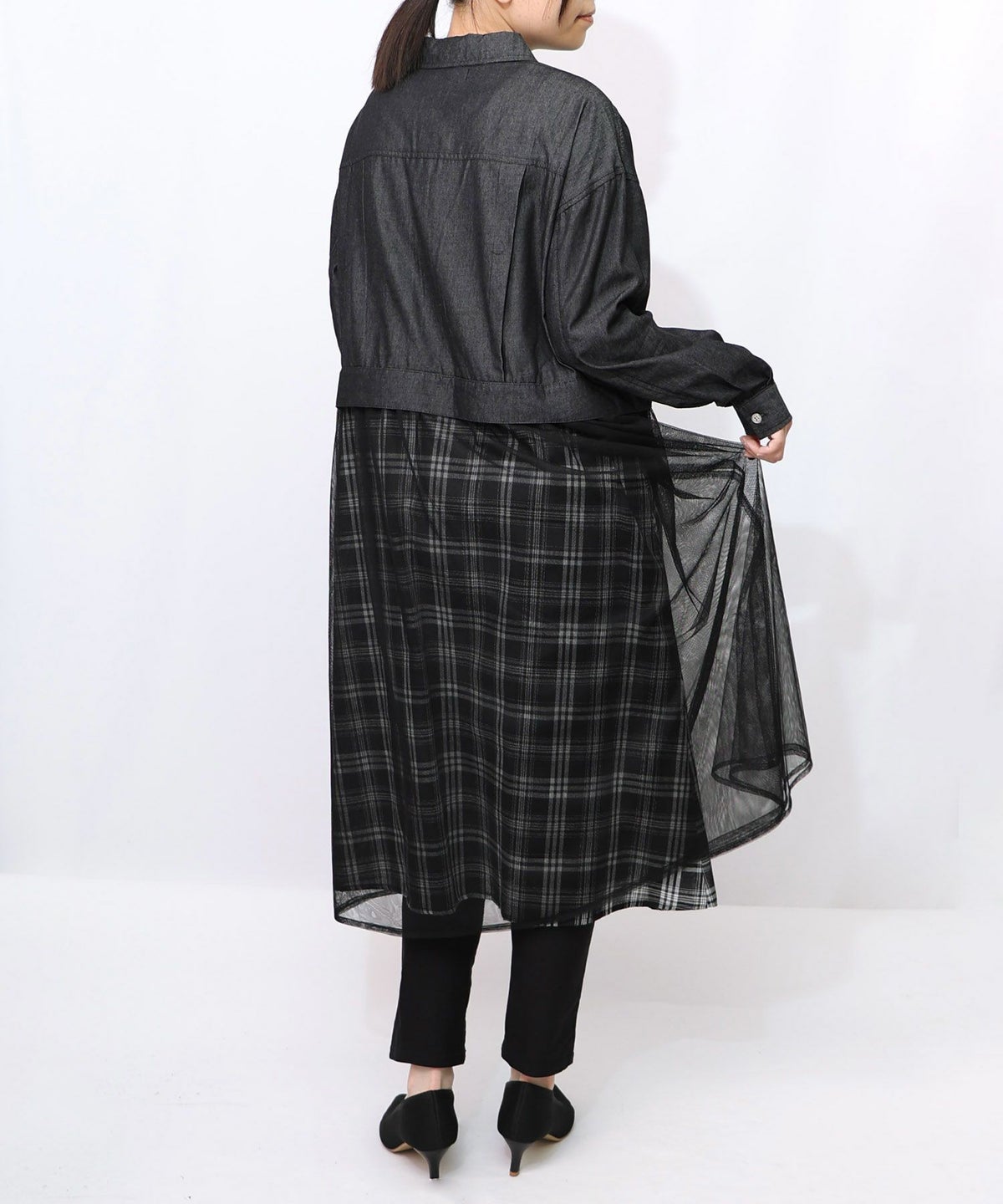 花蝶刺繍チュール重ね チェック柄デニムワンピース-10