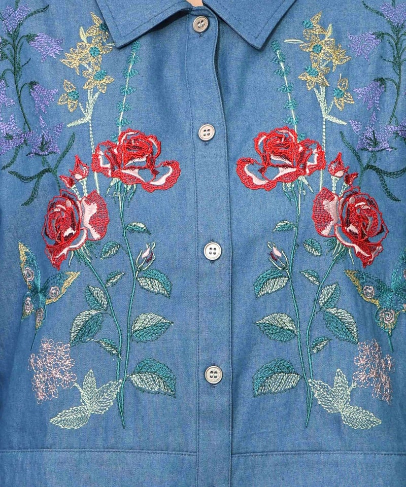 花蝶刺繍チュール重ね チェック柄デニムワンピース-15