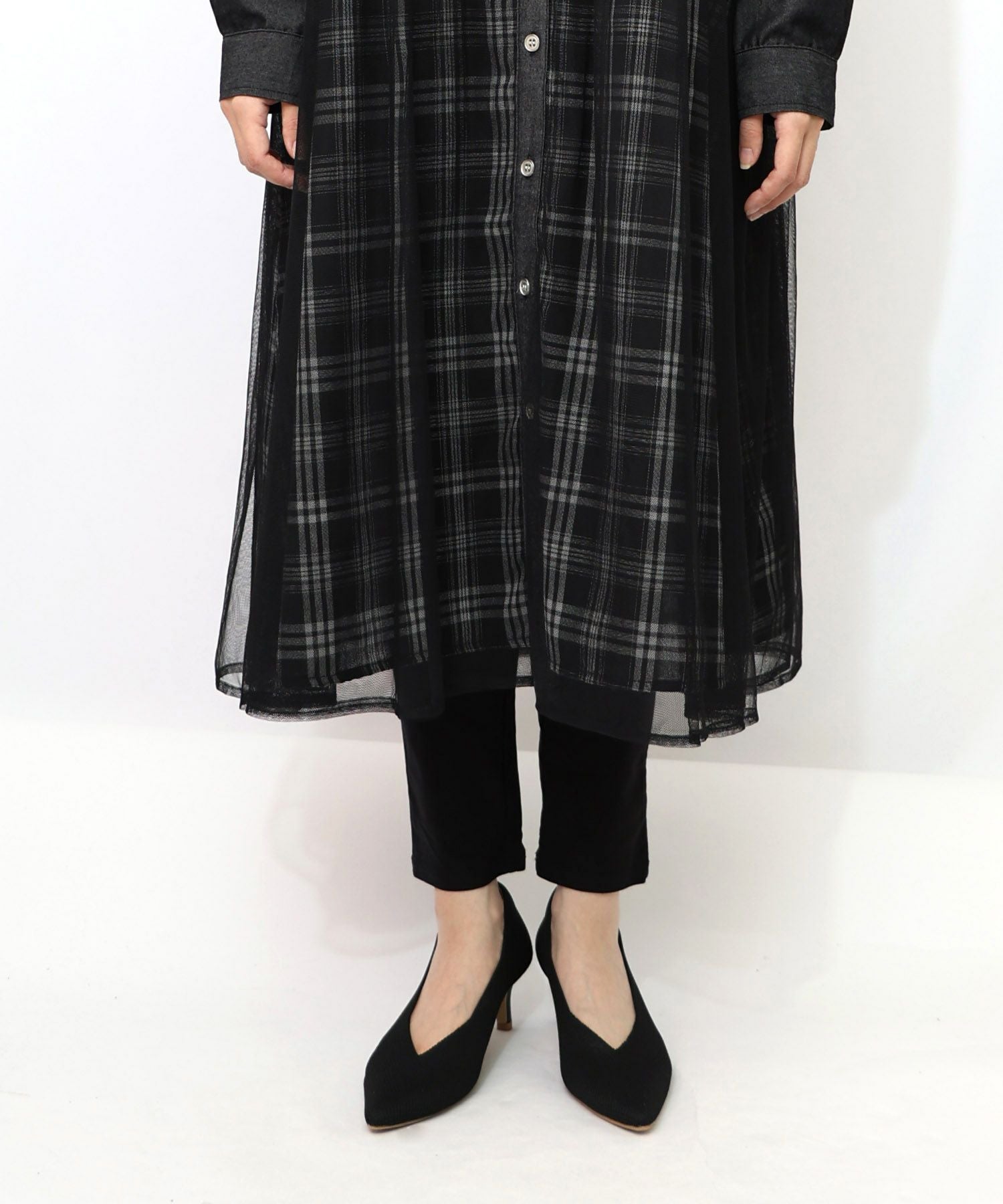 553211：花蝶刺繍チュール重ね チェック柄デニムワンピースの通販-ScoLar