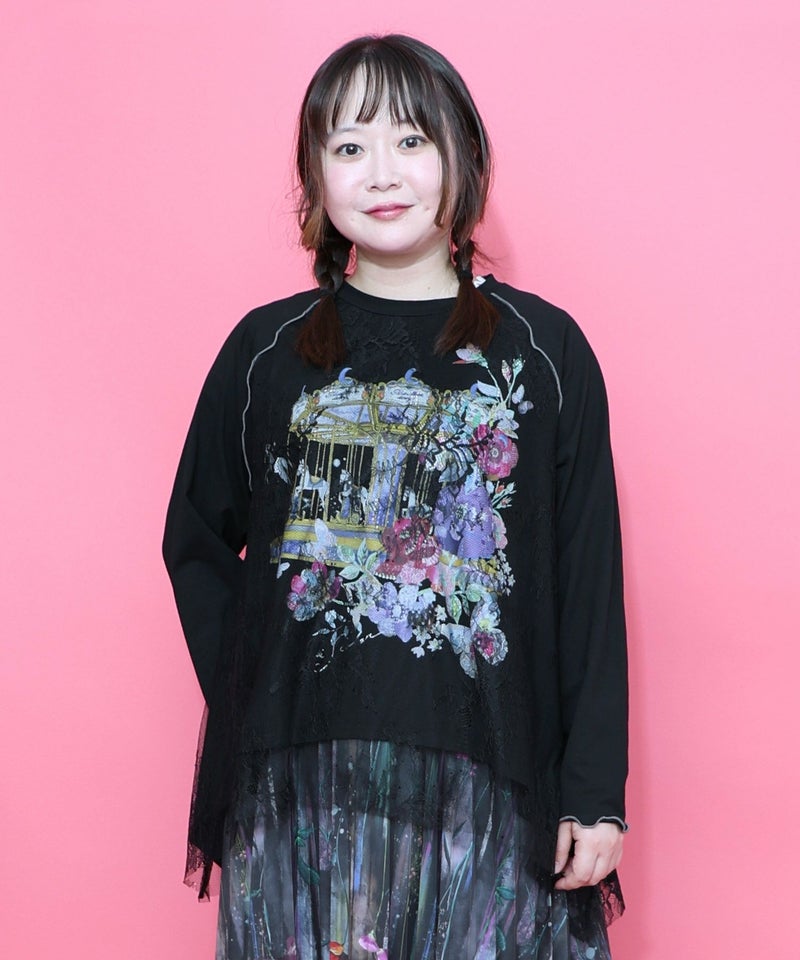 花とメリーゴーランド柄レース重ねロンT-1