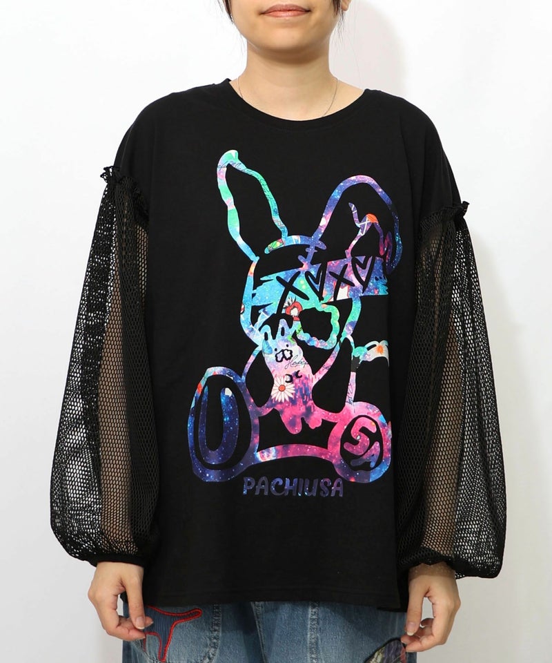パチうさプリント メッシュ袖Tシャツ-12
