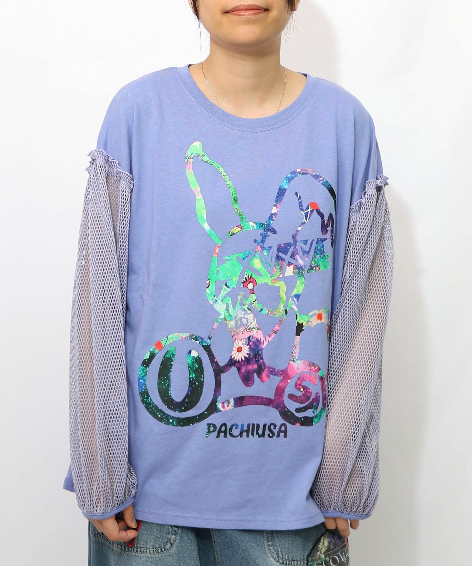 153618：パチうさプリント メッシュ袖Tシャツの通販-ScoLar