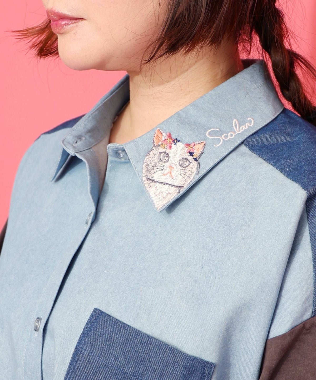 ネコ刺繍襟シャンブレーシャツ-6