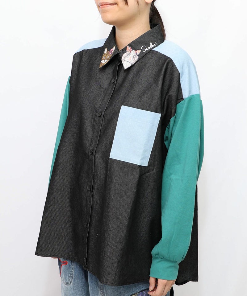 ネコ刺繍襟シャンブレーシャツ-9
