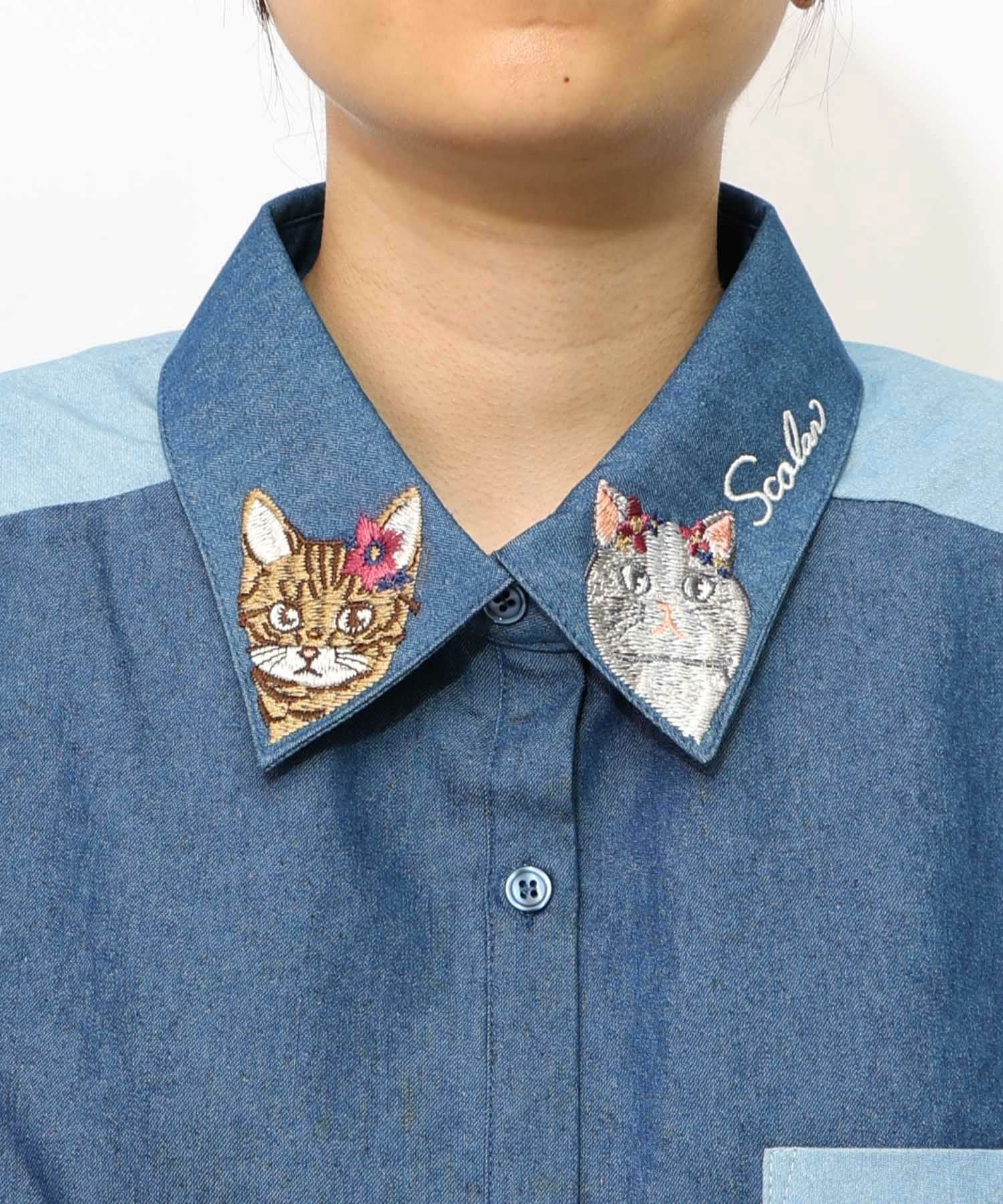 153617：ネコ刺繍襟シャンブレーシャツの通販-ScoLar