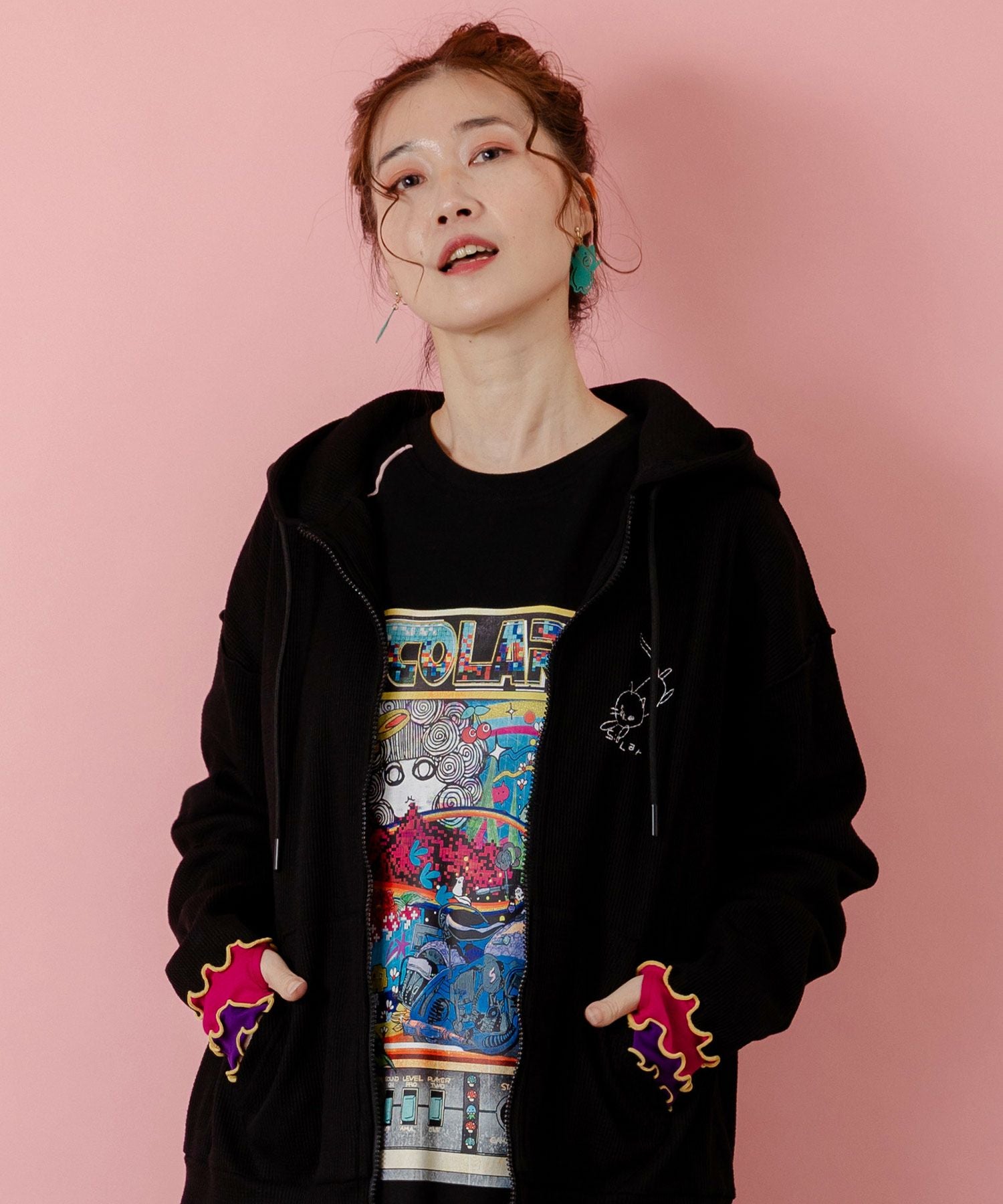 153615：にゃんこスカラー 袖配色パーカーの通販-ScoLar