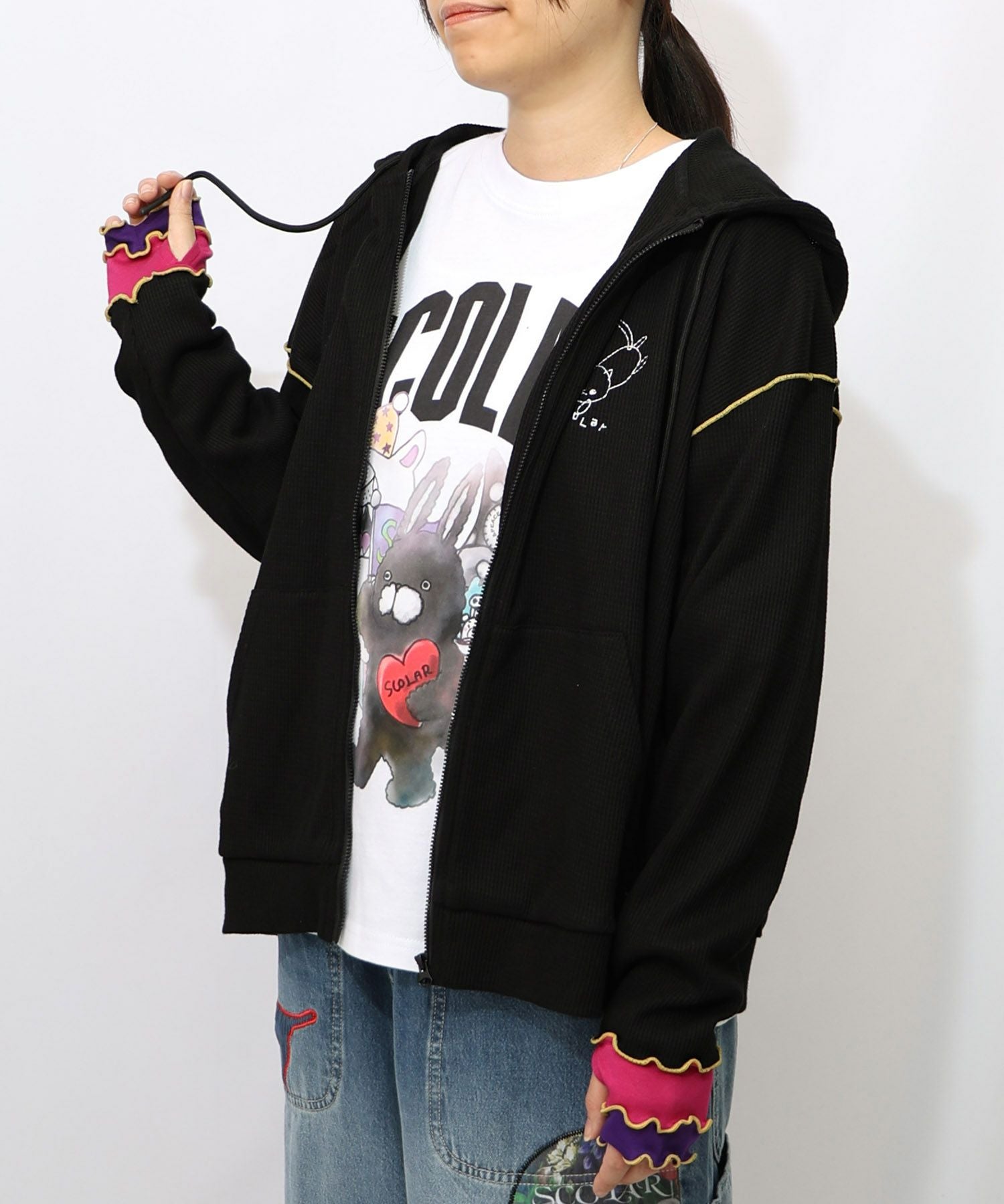 153615：にゃんこスカラー 袖配色パーカーの通販-ScoLar