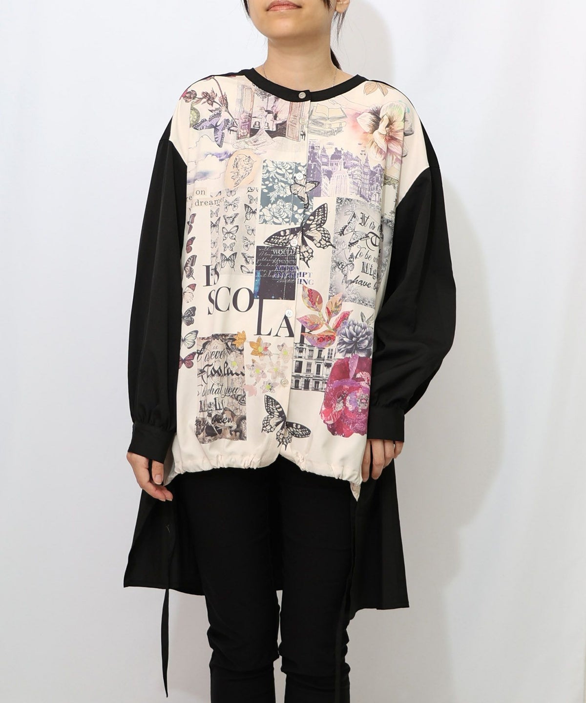 蝶花コラージュ柄　前開きチュニック-7
