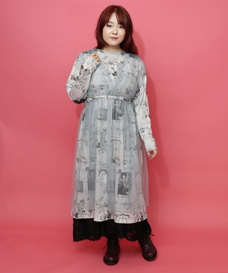 現在と過去イメージプリント チュール重ねワンピース-3