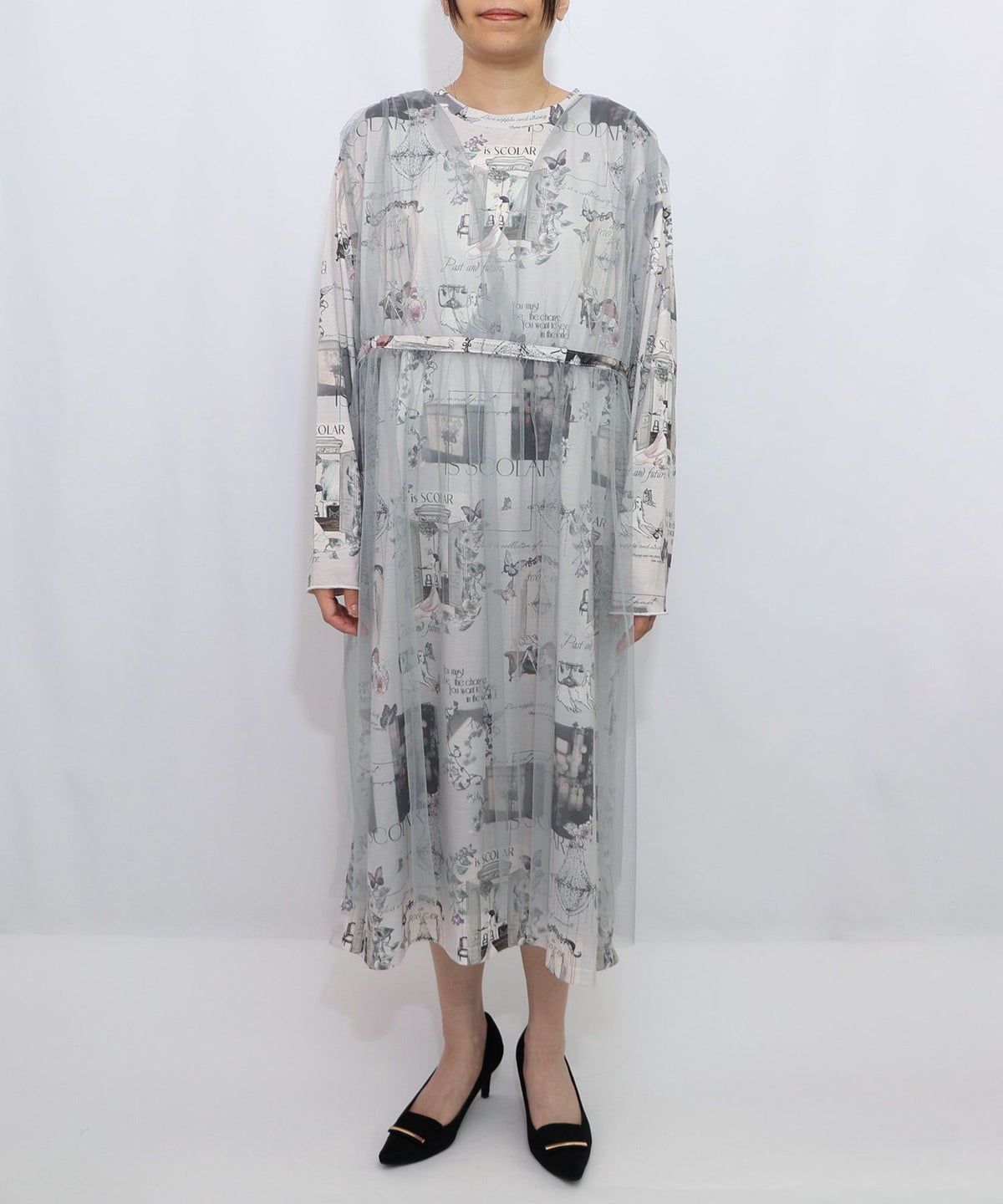 現在と過去イメージプリント チュール重ねワンピース-7