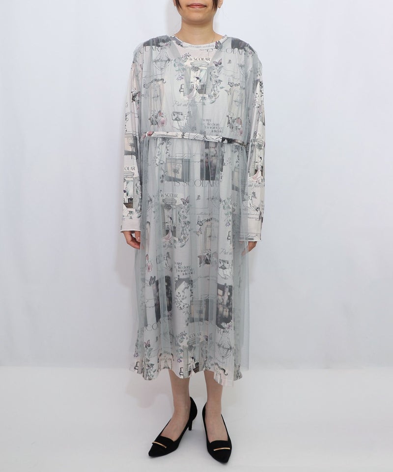 現在と過去イメージプリント チュール重ねワンピース-7