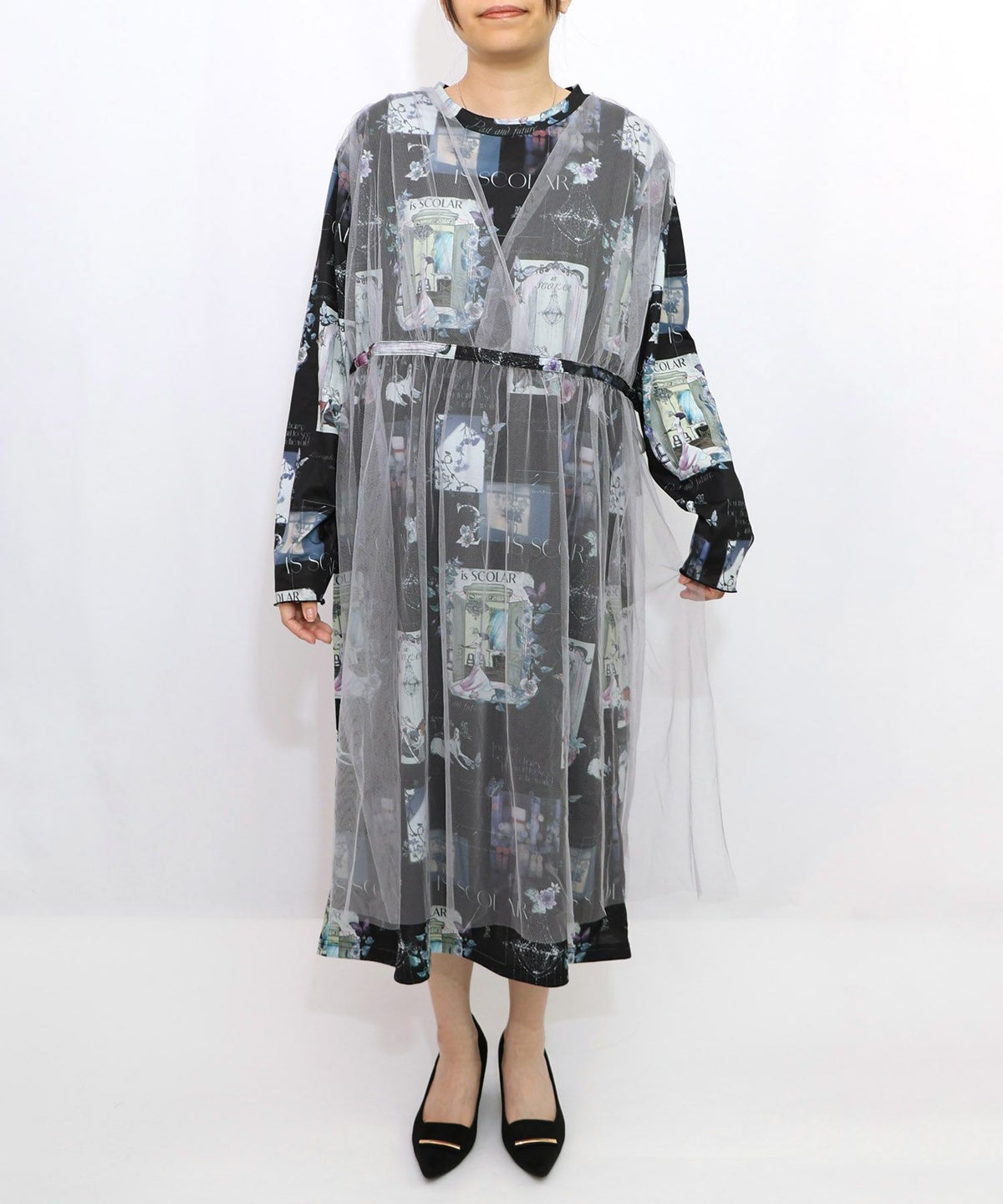 現在と過去イメージプリント チュール重ねワンピース-10