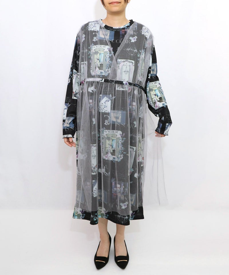 現在と過去イメージプリント チュール重ねワンピース-10