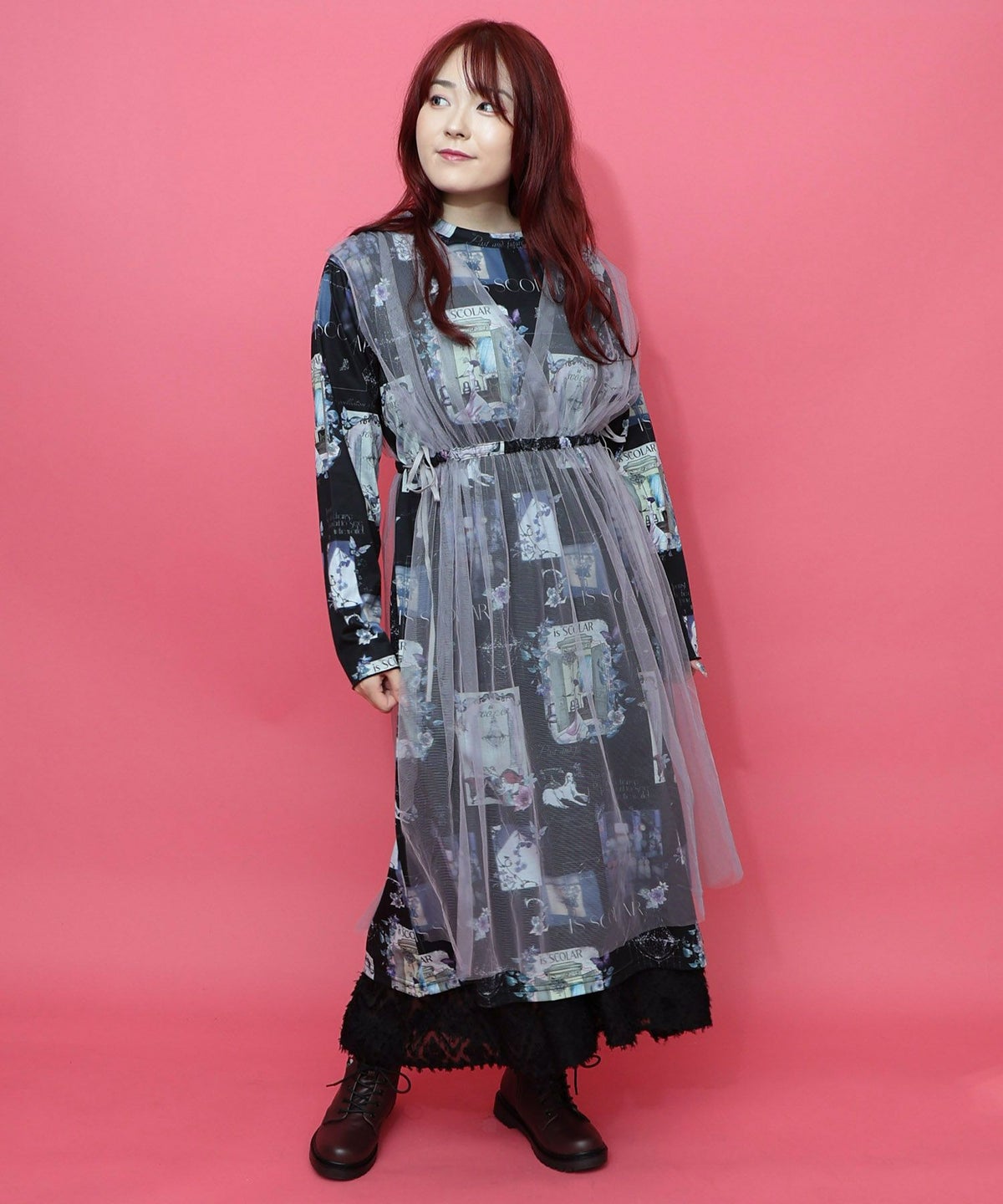 現在と過去イメージプリント チュール重ねワンピース-19