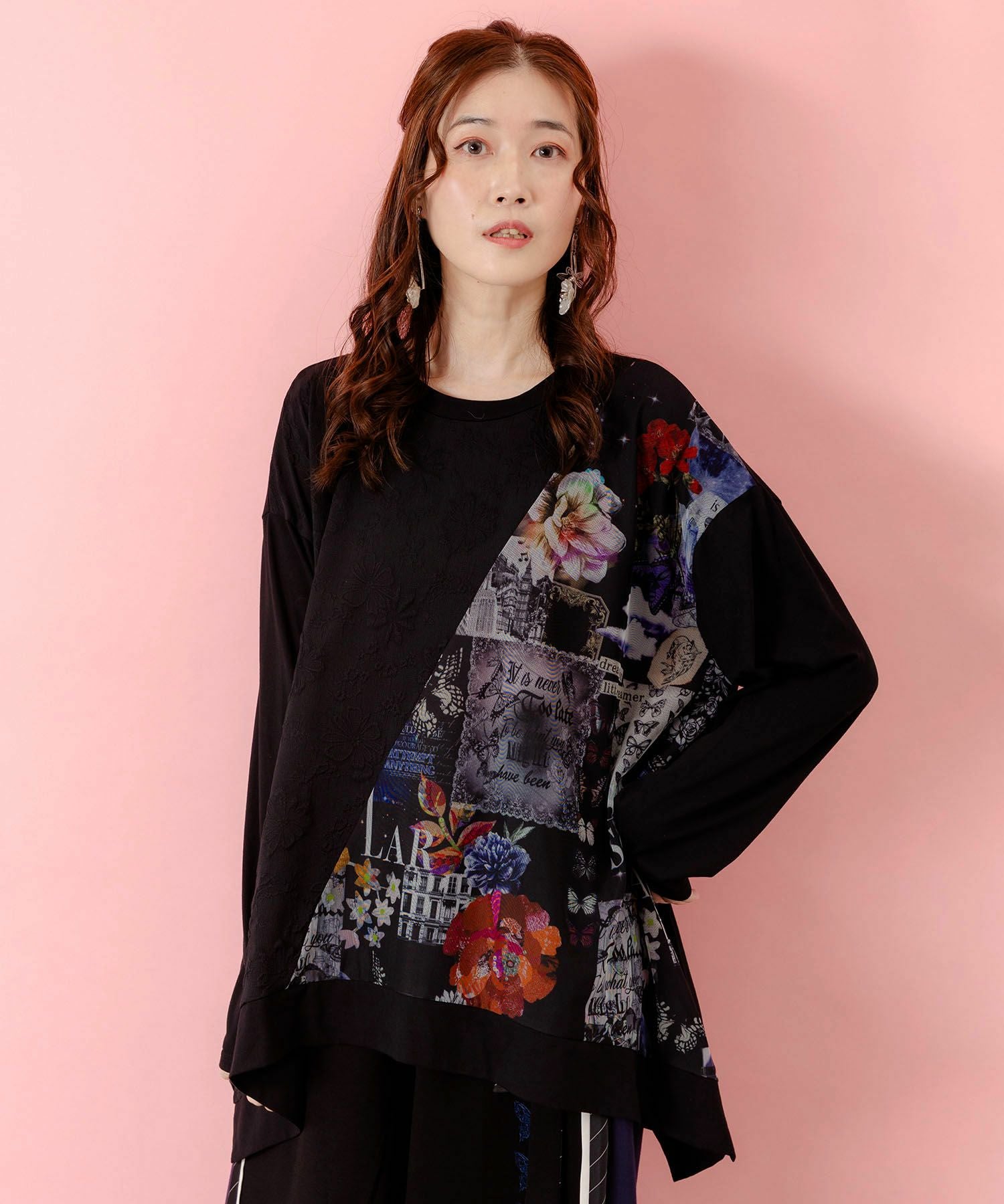 553207：蝶花コラージュ柄 異素材切替プルオーバーの通販-ScoLar