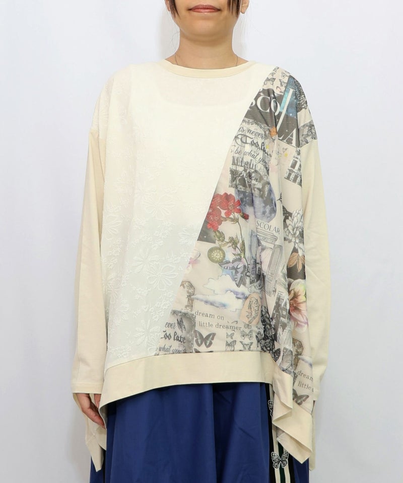 蝶花コラージュ柄 異素材切替プルオーバー-8