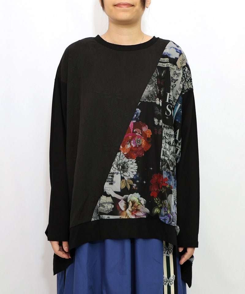 蝶花コラージュ柄 異素材切替プルオーバー-12