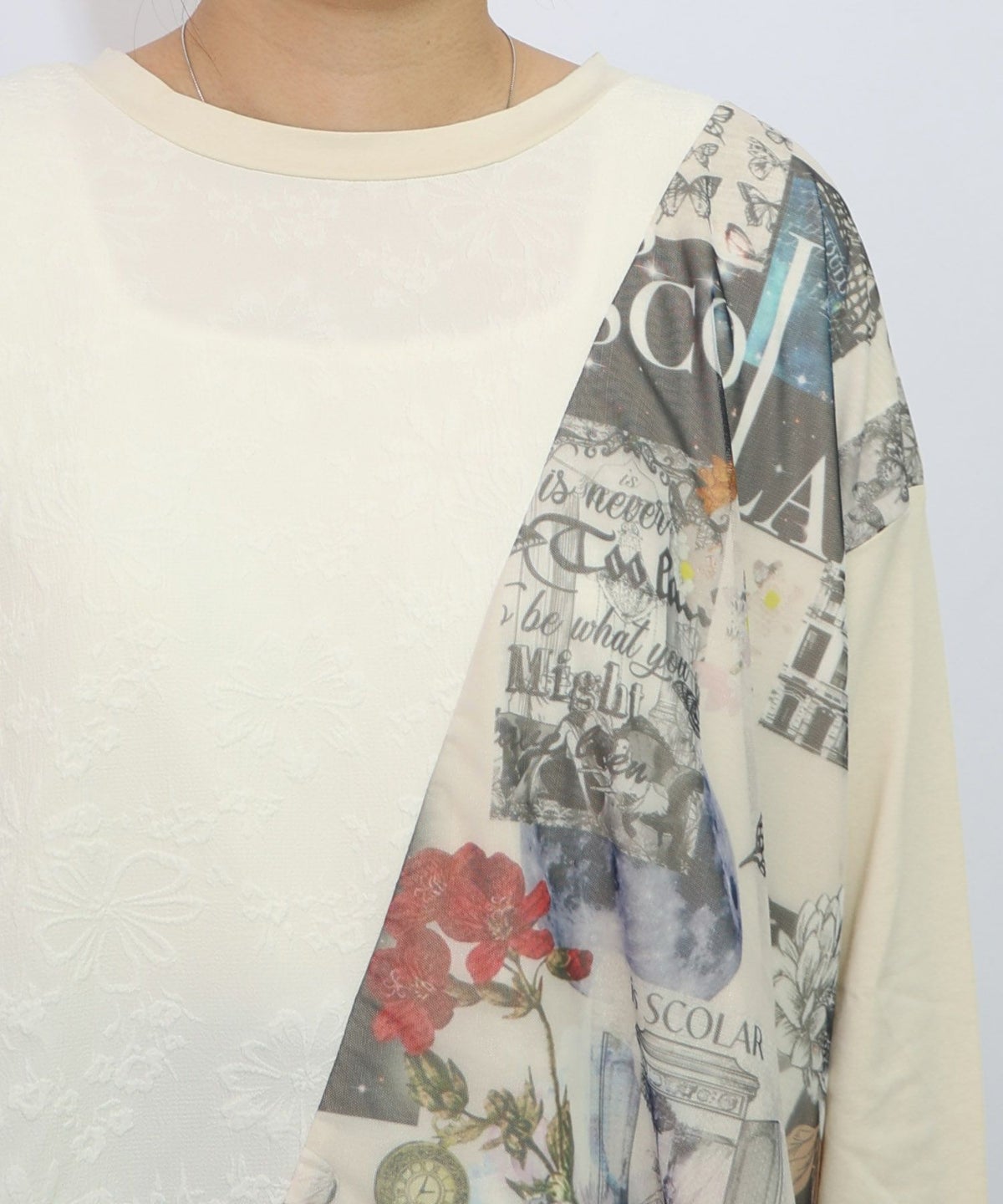 蝶花コラージュ柄 異素材切替プルオーバー-17