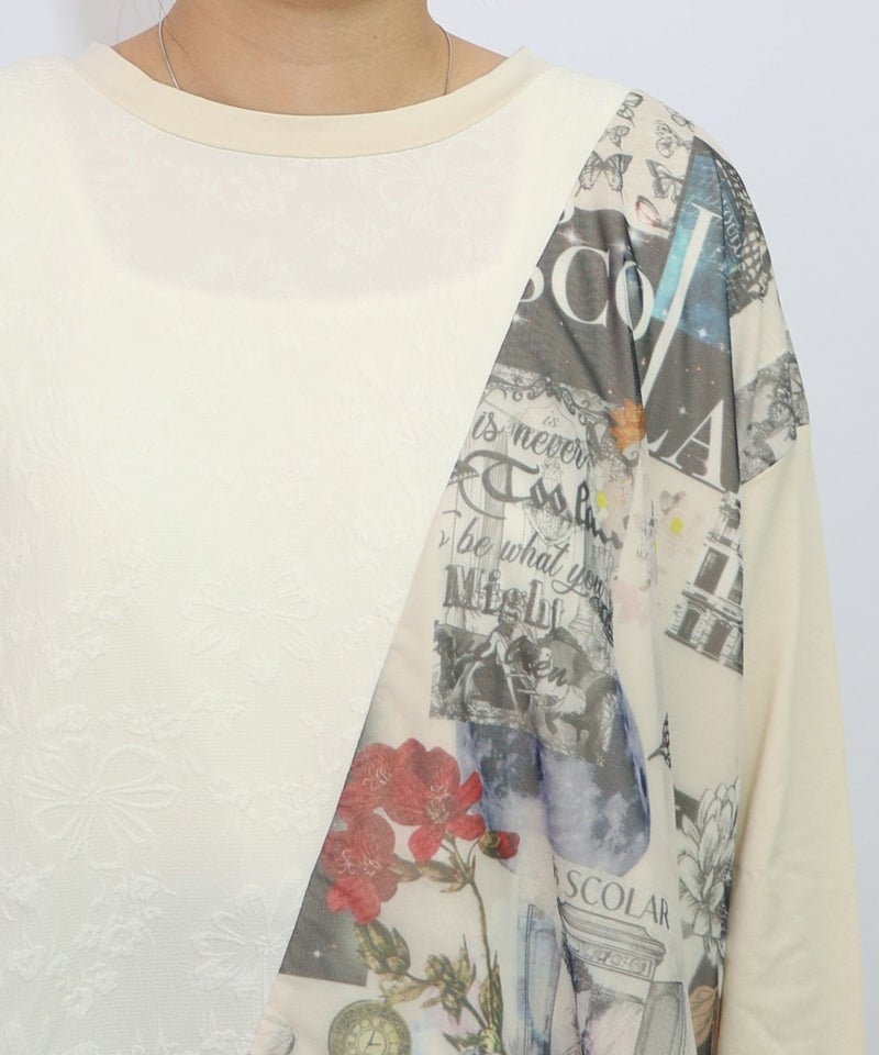 蝶花コラージュ柄 異素材切替プルオーバー-17