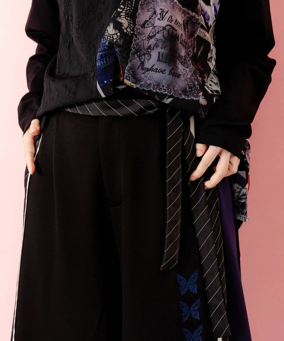 蝶刺繍バイカラー 異素材切替パンツ-6