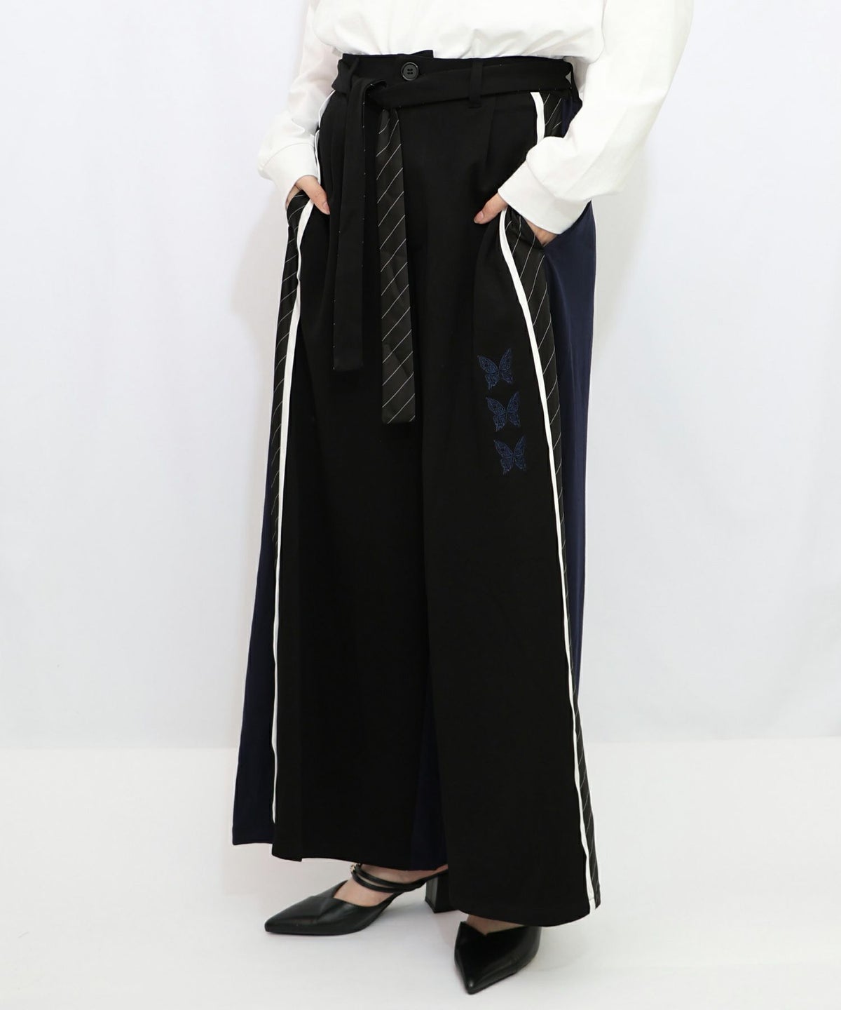 蝶刺繍バイカラー 異素材切替パンツ-13