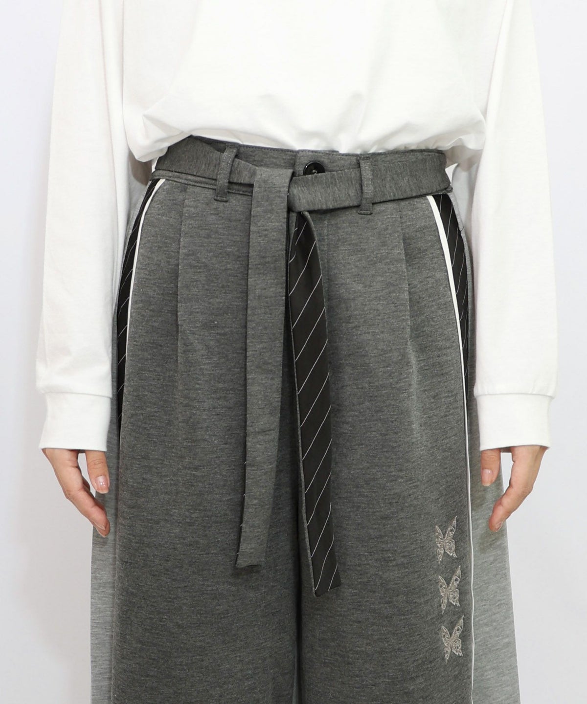 蝶刺繍バイカラー 異素材切替パンツ-16