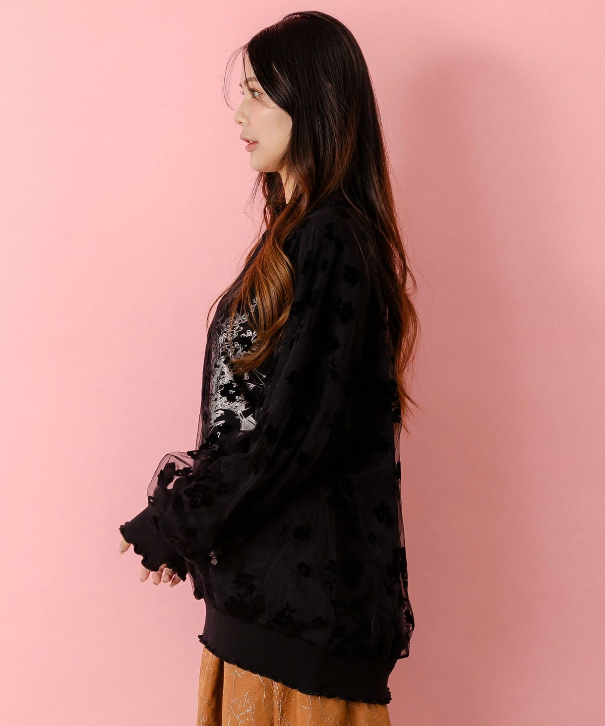 花束柄箔プリントチュール重ねプルオーバー-4