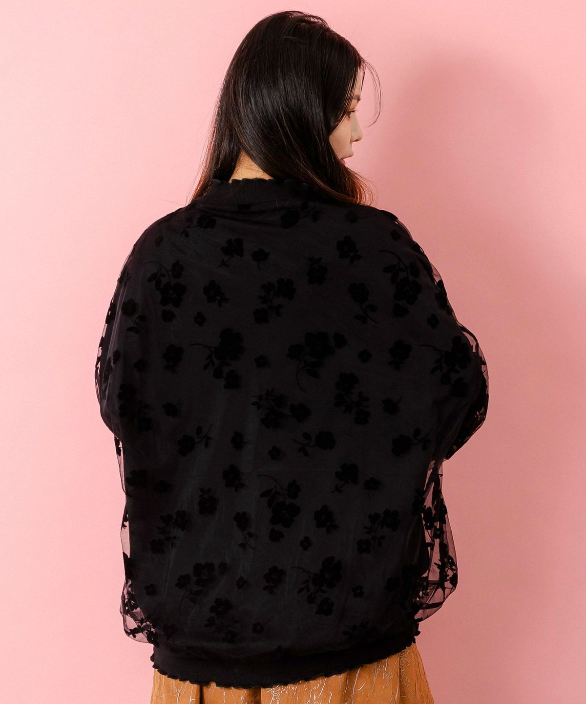 花束柄箔プリントチュール重ねプルオーバー-5